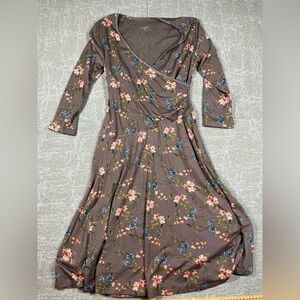 Garnet Hill Brianna Floral Surplice Knit Fuax Wrap Dress Brown Pink Womens Small